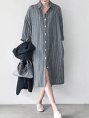 Stripe Button Lapel Casual Cotton Shirt Dress