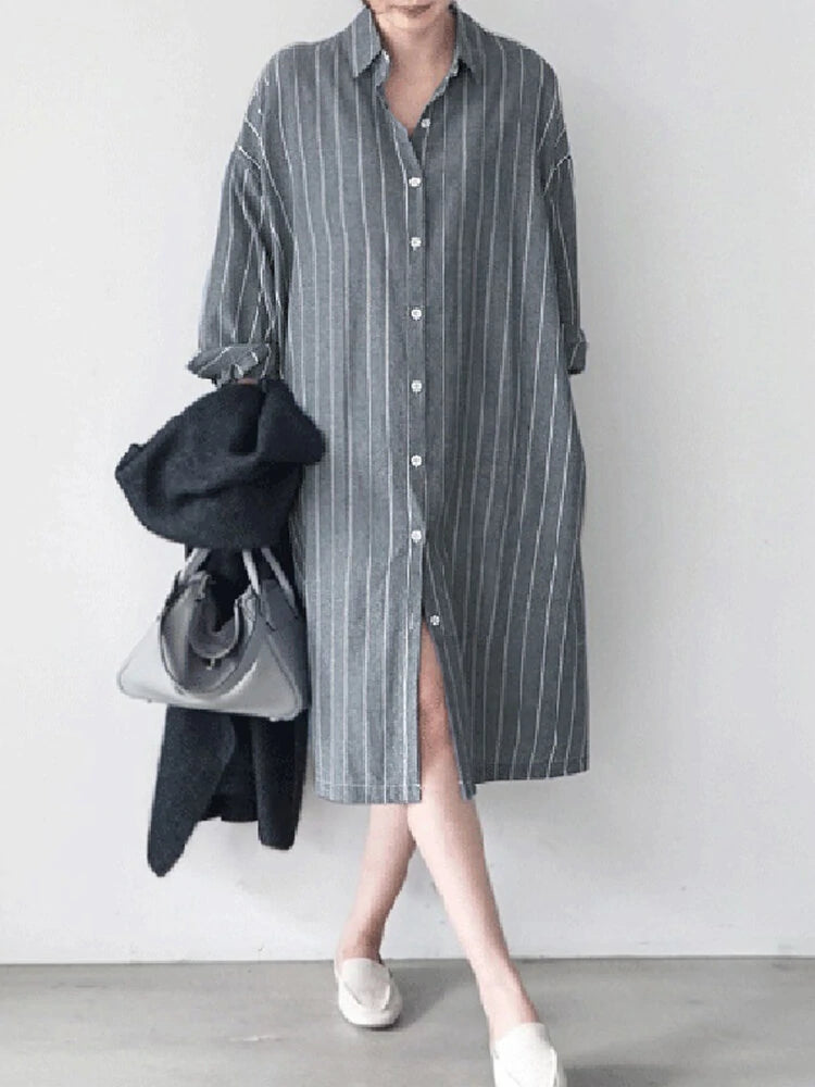 Stripe Button Lapel Casual Cotton Shirt Dress