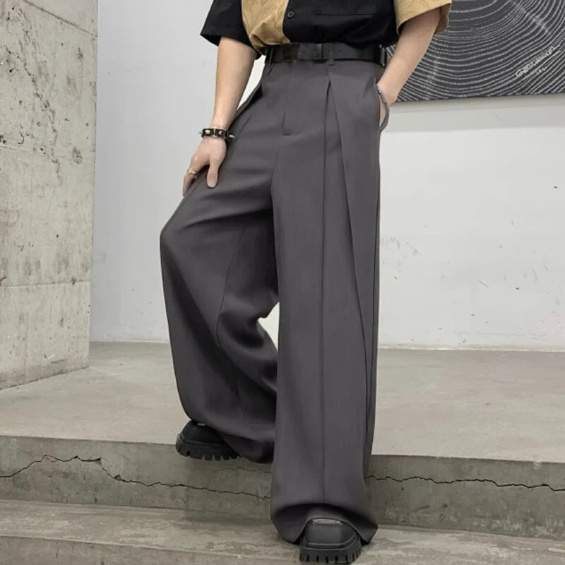 INCERUN Men Wide-leg Solid Color Casual Pants with Pockets Cropped Design Zipper Botton Trousers Plus Size