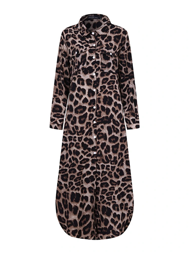 ZANZEA Leopard Print Button Up Shirt Dress for Women, Elegant Long Sleeve Dress For Spring & Fall, Women Lapel Button Long Shirt Dress Loose Vintage Maxi Dress