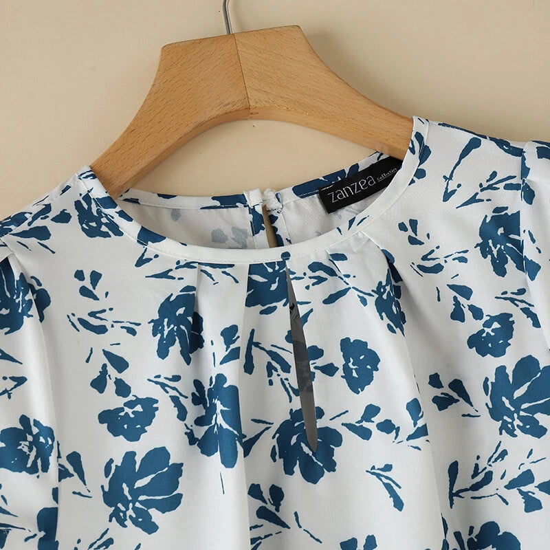 ZANZEA Womens Floral Print Ruffled Open Round Neck Design Short Sleeve Shirts