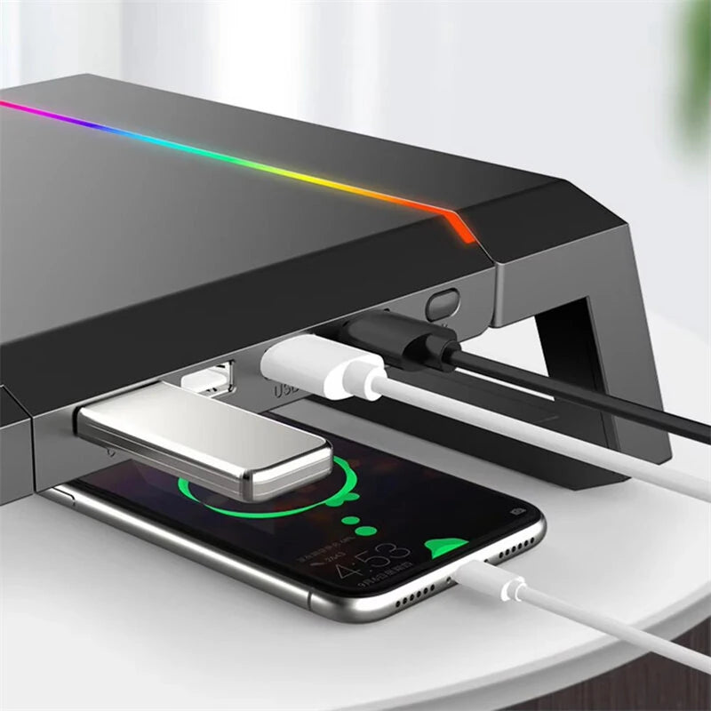 T1 Laptop Monitor Stand Riser RGB Support with USB3.0+3USB2.0 Mobile Phone Holder Drawer Storage Box Heightening Bracket for PC Laptop