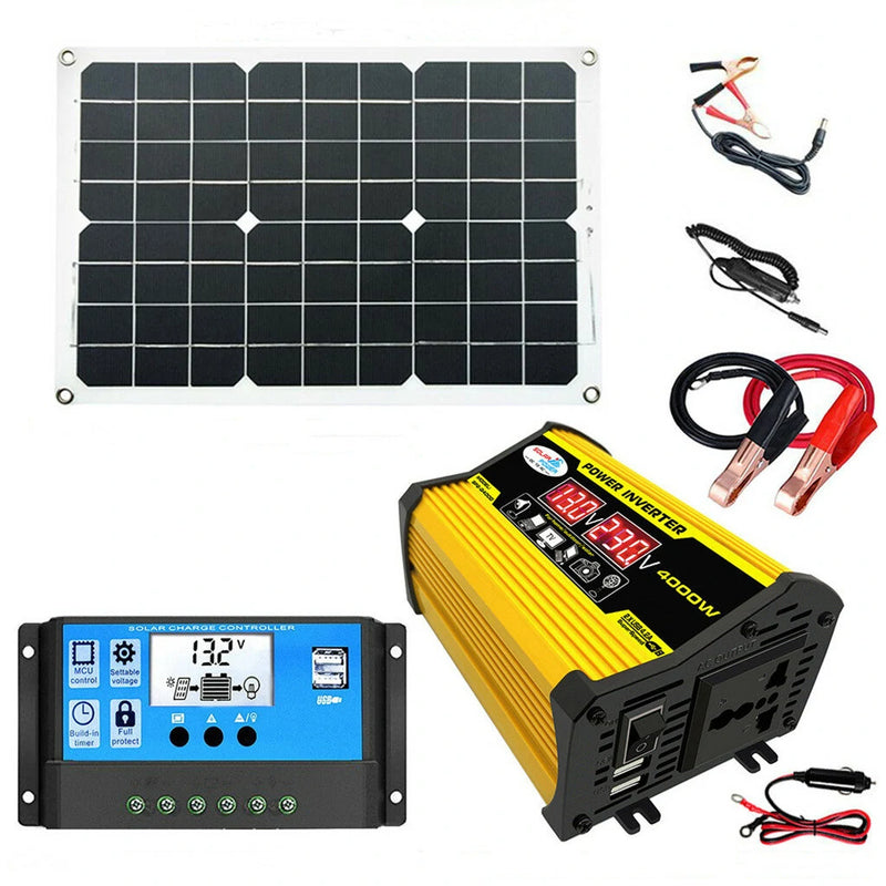18W 12V Solar Panel Solar Power System Portable 4000W Power Inverter With 2 USB Ports 30A Solar Charge Controller LED Screen Display