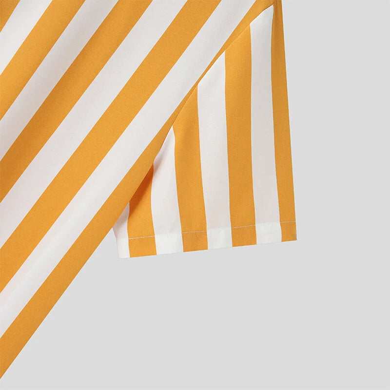 INCERUN Men's Casual Striped Shirt Daily Thin Long Sleeve Button Up Shirt for Men Stand-up Collar Short Sleeve Top Summer Shirts