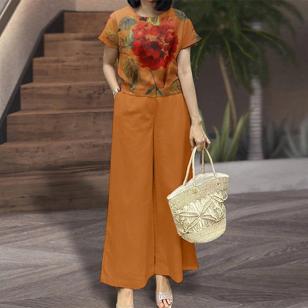 ZANZEA Women's 2pcs Suits Floral Short Sleeve O-Neck Top Elastic Waist Wide Leg Trousers Vintage Sets