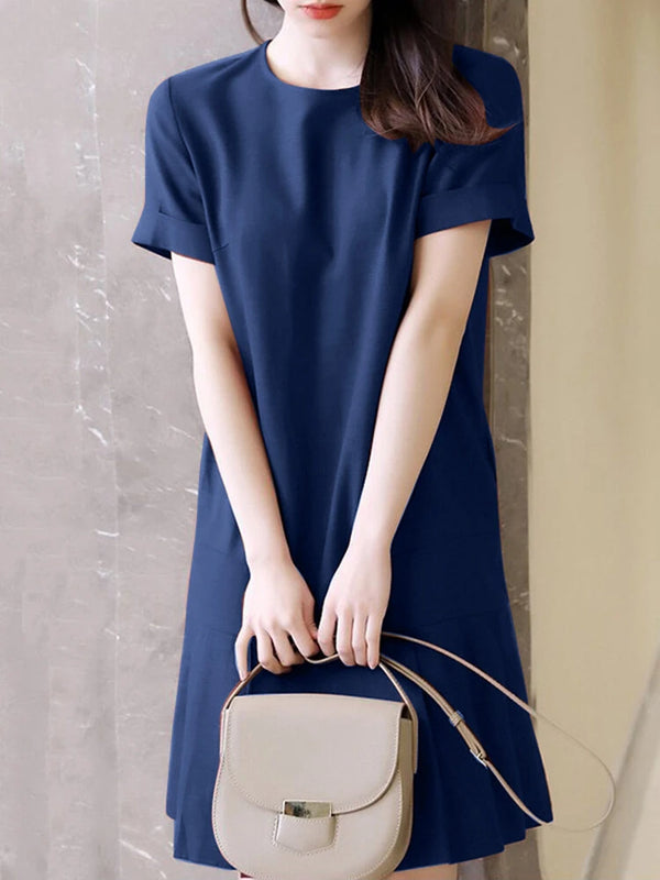 ZANZEA Women Plus Size Solid Ruffle Hem Pocket Short Sleeve Crew Neck Casual Dress