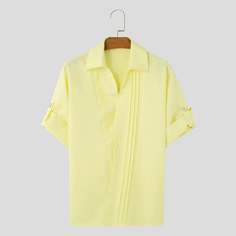 INCERUN Mens Asymmetrical Pleated Short Sleeve Shirt Casual Solid Color Lapel Top for Male