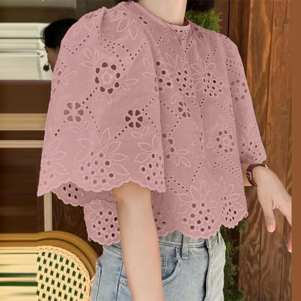 ZANZEA Elegant Style Womens Vintage Casual Cotton Crop Shirts Top Vacation Crew Neck Hollow Embroidery Blouses