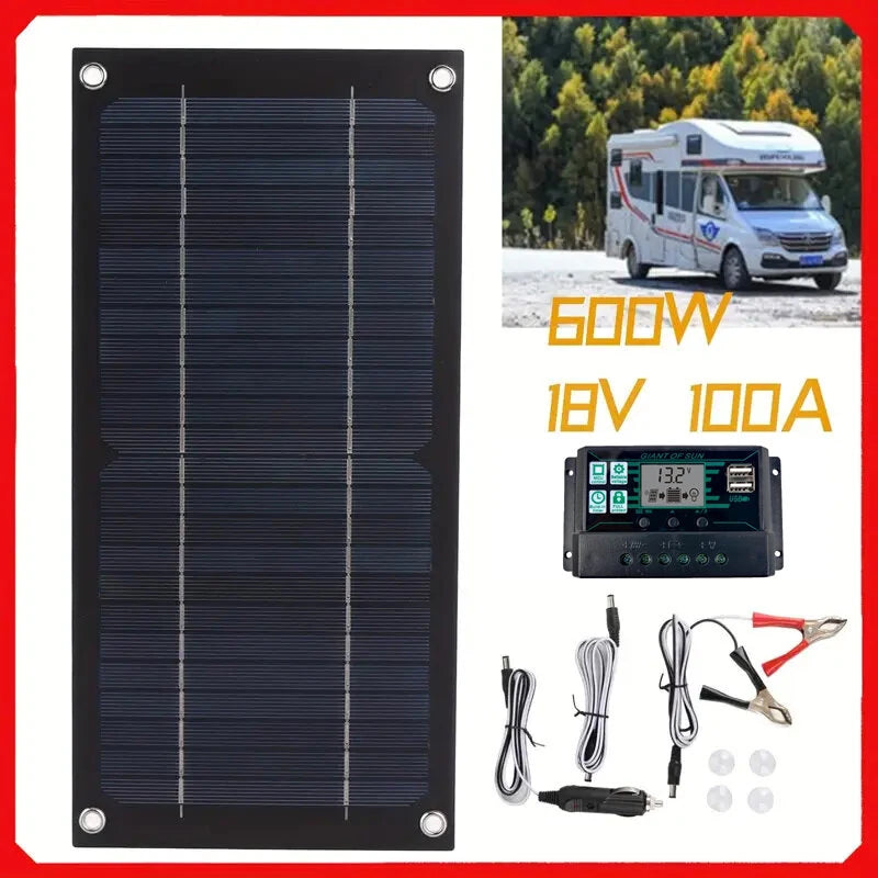 High Efficiency 600W Solar Panel Charger Monocrystalline Silicon Portable Kit 100A Charge Controller Extension Cable Battery Clip for RV Outdoor Camping Green Energy
