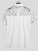 INCERUN Mens Shirt Patchwork Lace Short Sleeve White Shirt Summer Casual Daily Lapel Top Men Clothing