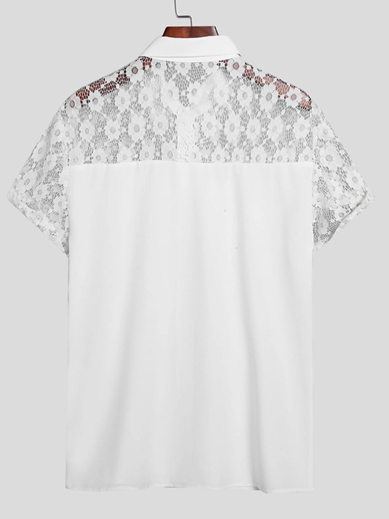 INCERUN Mens Shirt Patchwork Lace Short Sleeve White Shirt Summer Casual Daily Lapel Top Men Clothing