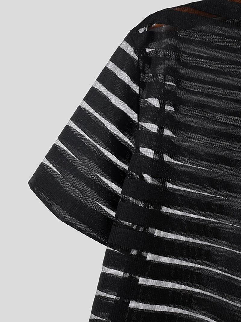 INCERUN Mens Shirt Fashion Striped Short Sleeve Men Tops See Through Party Nightclub Men Shirts S-5XL