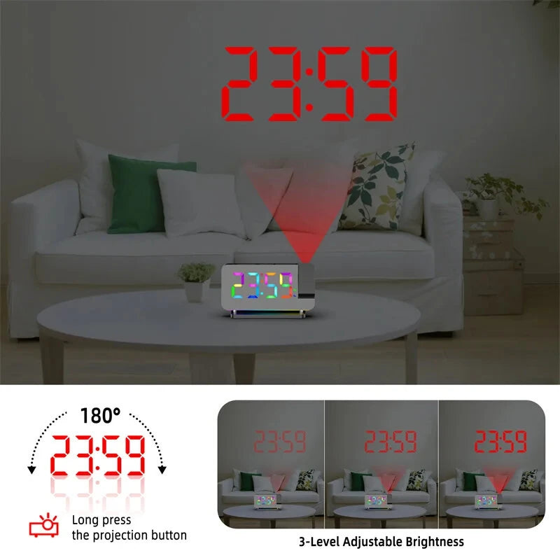 180  Rotation RGB Colorful Night Light Radio Projection Clock Projection Digital Alarm Clock With Night Light 2 USB Output Port 12H/24H FM Radio Time Projector LED Clock