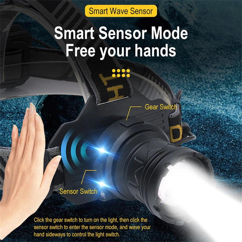 SEEKNITE 500M Distance Smart Sensor LED Headlamp Spotlight/Floodlight Zoom, Yellow/White Light Adjusted, Type-C Rechargeable, Fishing Camping Running Working Headlight Long Shot Head Flashlight