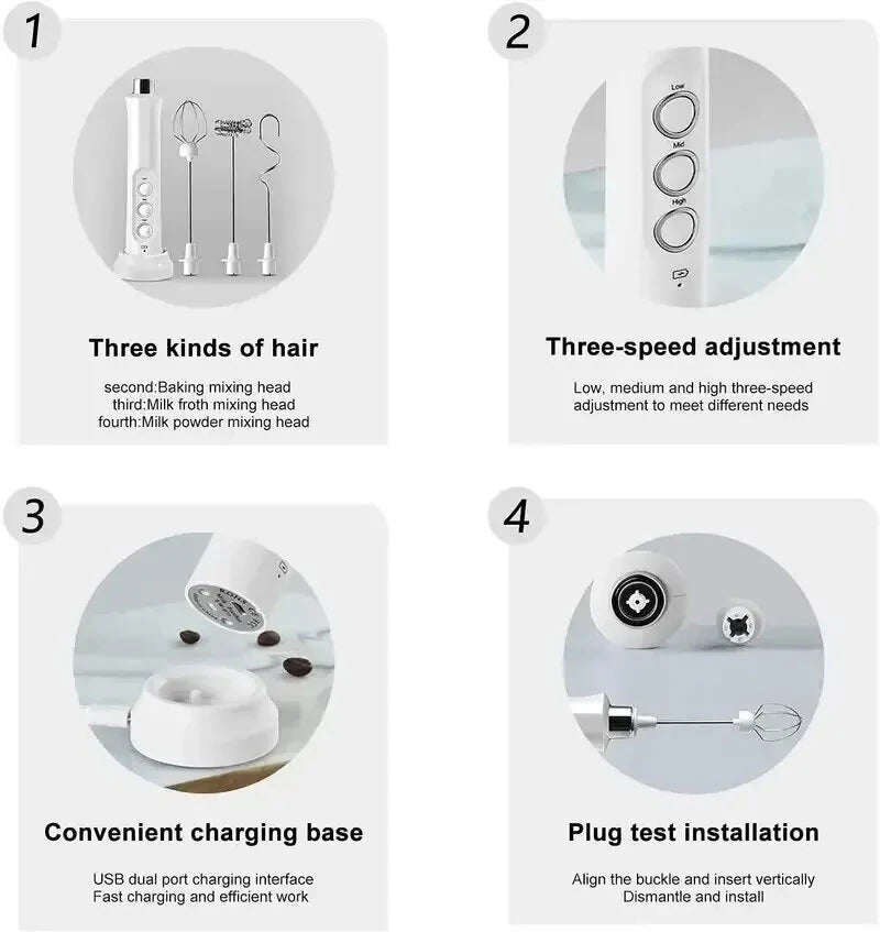 1200mAh Handheld Electric Egg Beater Coffee Milk Frother 3 Speeds Cordless Rechargeable Electric Milk Frother Handheld Foam Maker for Cappuccino Hot Chocolate