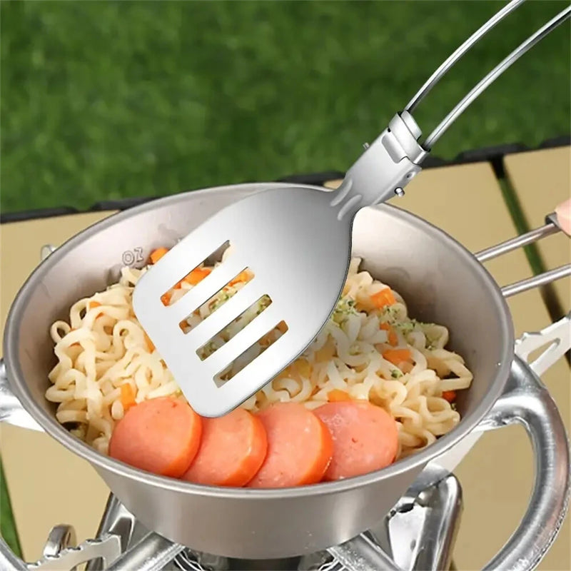 IPRee 6pcs Kitchen Accessories Multi-functional Folding Kitchenware Cookware Stainless Steel Portable Folding Soup Ladle, Perforated Spoon, Scraper, Spatula and Storage Bag