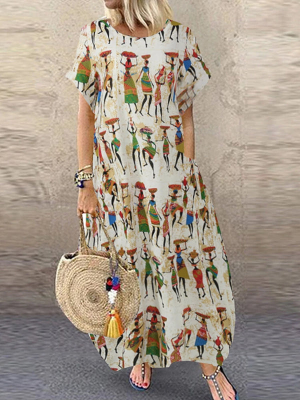 Women Ethnic Style Figure Print Round Neck Short Sleeve Loose Baggy Maxi Dresses