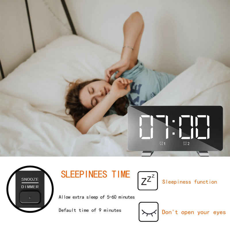 LED Mirror Digital Alarm Clock USB Charging Brightness Adjustable 10 Music Option Power off Memory Function