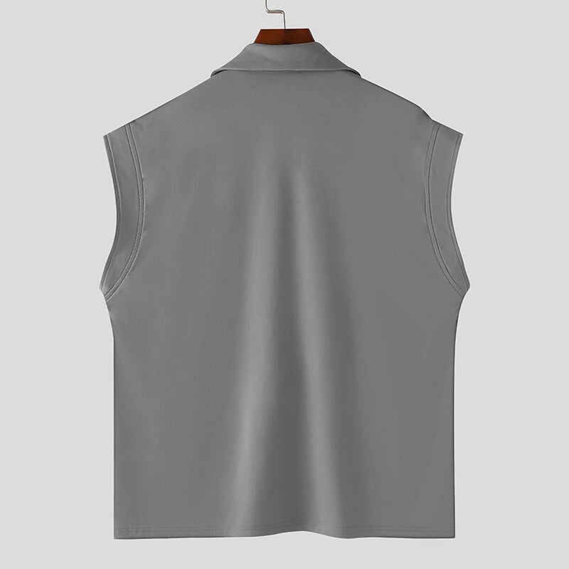 INCERUN Men Shirts Solid Color Sleeveless Shirt Casual Daily Lapel Streetwear Shirt Mens Clothing Summer Male Shirts