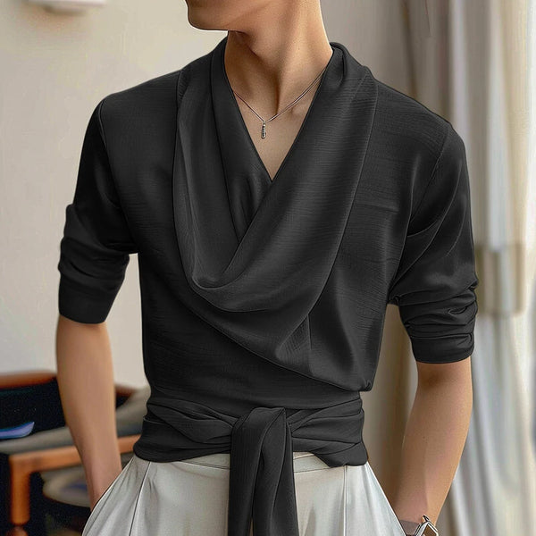 INCERUN Mens French Elegance Draped Neck Shirt Fashion High Elastic Solid Color Long Sleeve Top for Men