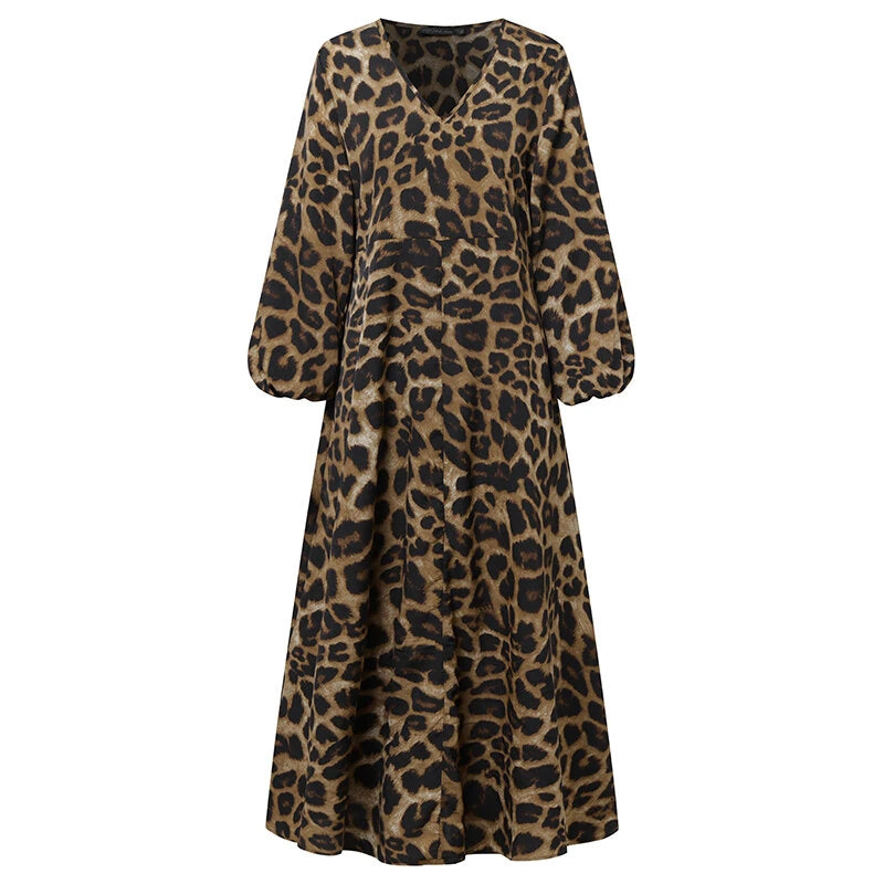 ZANZEA Women Plus Size Leopard Print Long Dress V-Neck Puff Sleeve Lace-Up Maxi Dress For Women