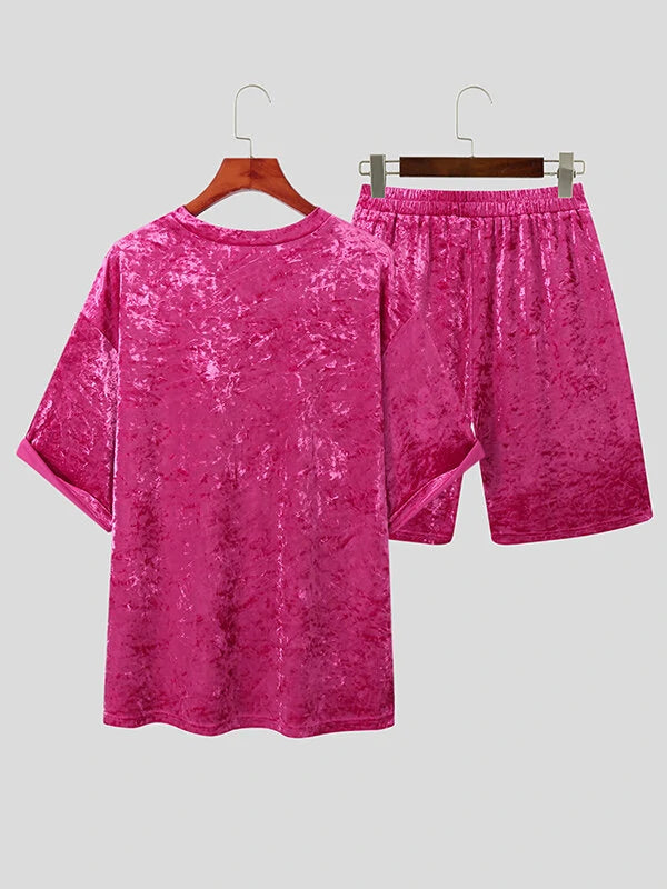 Men Velvet Pocket Jogger Shorts & T-Shirt 2 Piece Set