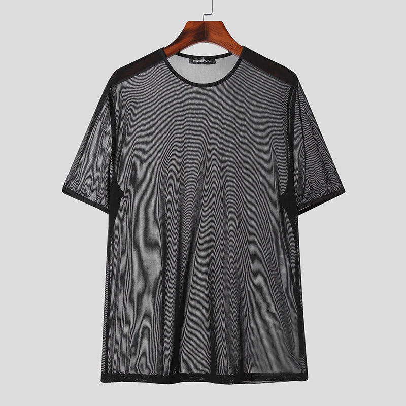 INCERUN Men's T-shirt Solid Color Crew Neck Short Sleeve T-shirt with Design See Through Fabric, Chic Tops Suitable for Summer Nightclubs Leisurewear