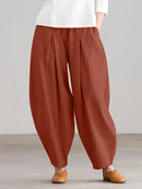 Women Loose 100% Cotton Ankle Length Solid Color Wide Legged Casual Pants