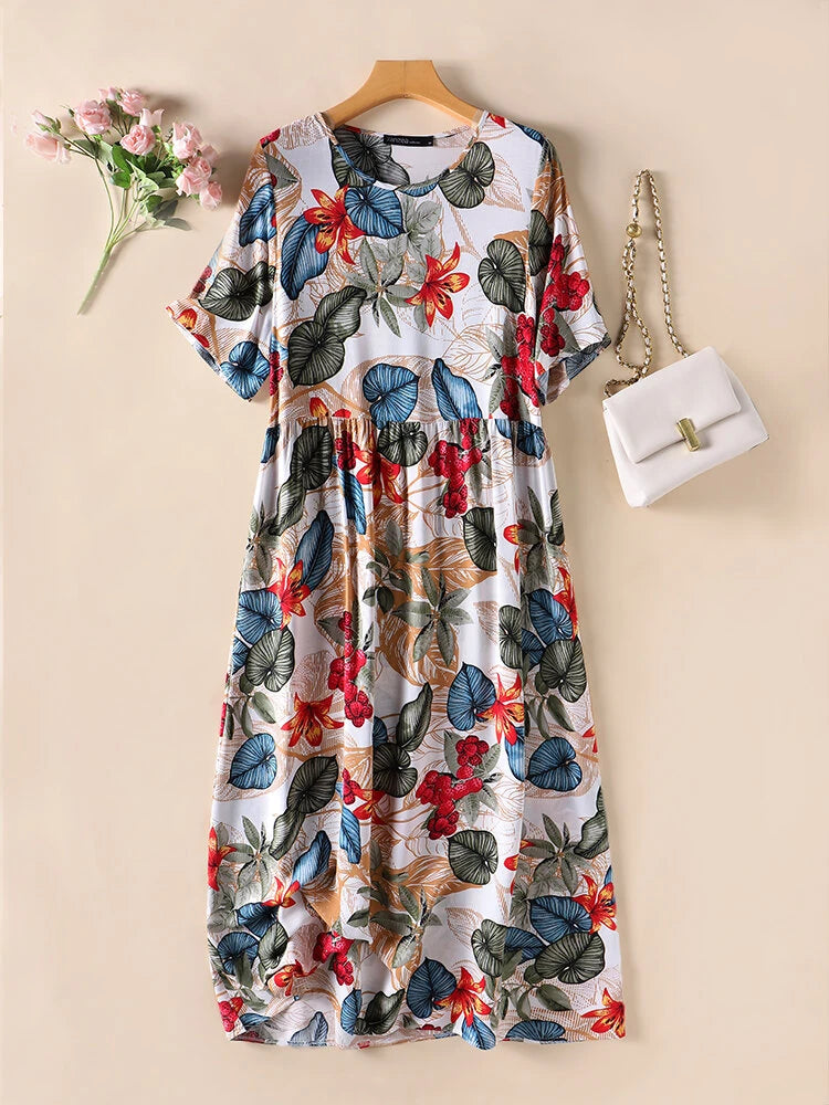 ZANZEA Womens Summer Short Sleeve Printed Swing Long Maxi Dress Holiday Beach Sundress