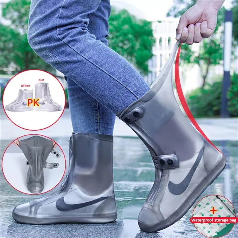 XANES 1 Pair Rain Boot Bicycle Shoe Covers Waterproof Silicone High Top Non-slip Shoes Protector Outdoor Reusable Thickened Footwear for Cycling Hiking Walking