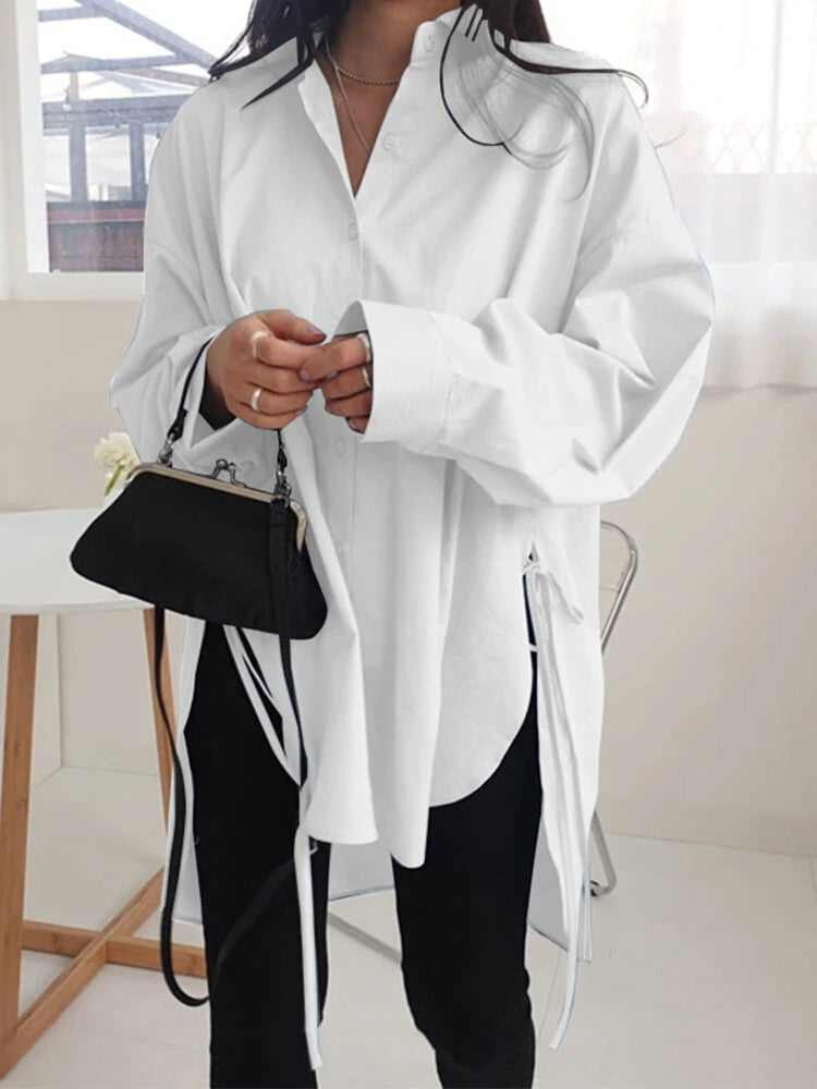 Women Lape High Low Split Tie Hem Irregular Hem Long Sleeve Shirts