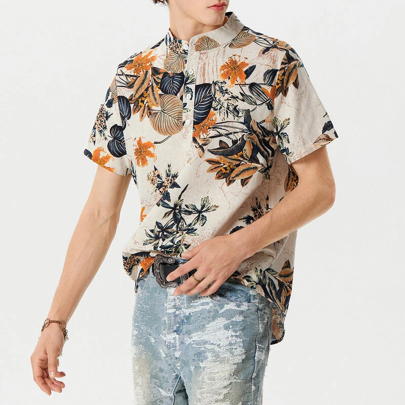 INCERUN Mens Shirts Hawaiian Short Sleeve Shirts Summer Holiday Beach Men Shirt Tropical Leaves Print Henley Shirts
