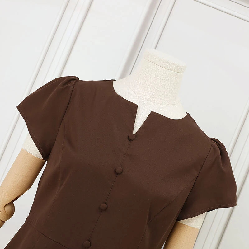 ZANZEA Women's Dresses Vintage Front Split Solid O-Neck Short Sleeve Dress