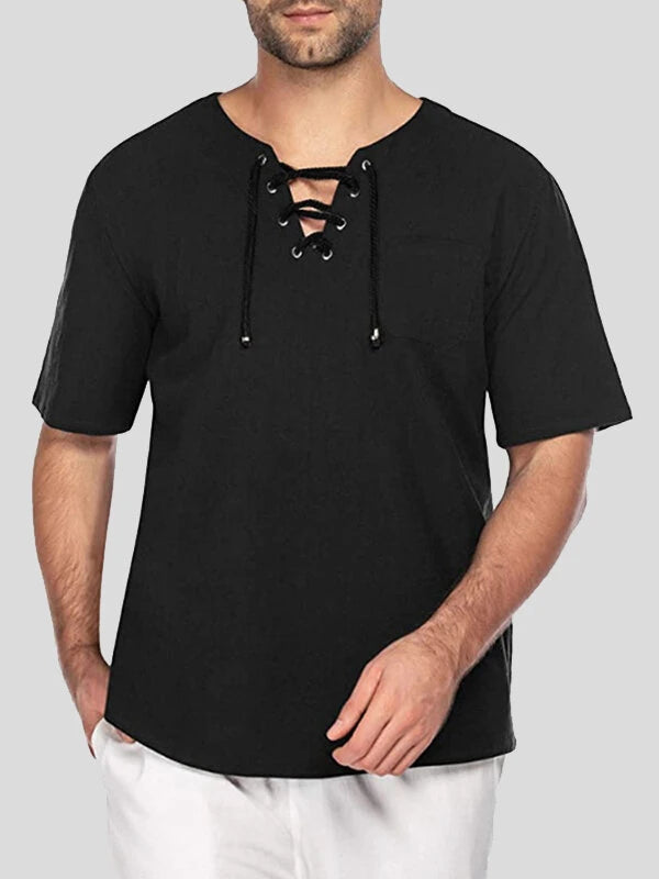 Mens Solid Drawstring V-Neck Cotton Short Sleeve T-Shirt