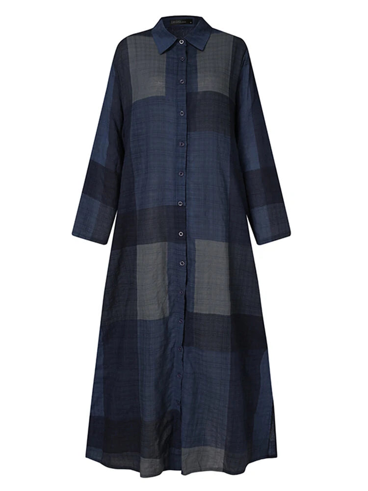 Women Casual Plaid Lapel Long Sleeve Button Vintage Shirt Maxi Dresses With Pocket