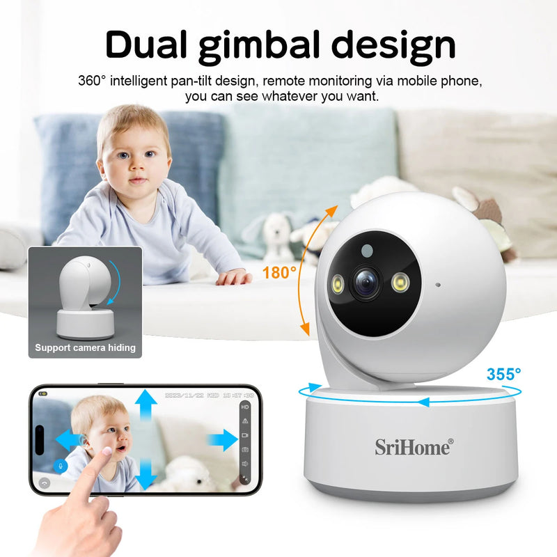 SriHome DH050-SH064 4K 8MP Smart Baby Monitoring Camera Kit with 5-inch Touch Screen 3X Digital Zoom 355 PTZ AI Crying Detection Color Night Vision Human Tracking Alarm 2-Way Audio Home Monitor Viewing Cameras