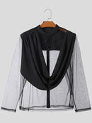 INCERUN Mens Shirt Fashion Swing Neck Patchwork Mesh Fabric Long Sleeve Shirts See Through Nightcklub Mens Clothing