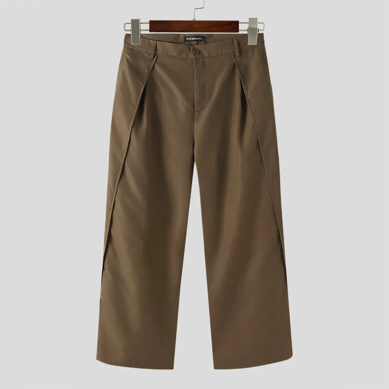 INCERUN Men Wide-leg Solid Color Casual Pants with Pockets Cropped Design Zipper Botton Trousers Plus Size