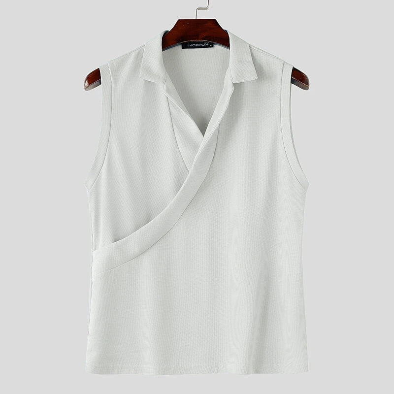 INCERUN Mens Minimalist Solid Color Textured Tank Fashion Lapel V-neck Sleeveless Top for Male