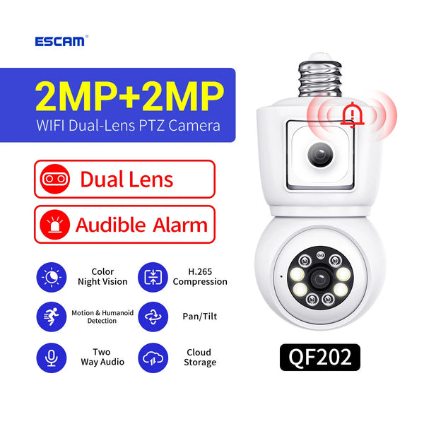 ESCAM QF202 E27 2MP+2MP WiFi PTZ Camera Dual Lens Wireless Surveillcance Camera with Color Night Vision Humanoid Detection Two-way Radio H.265 Phone Remote Monitoring Security IP Cameras