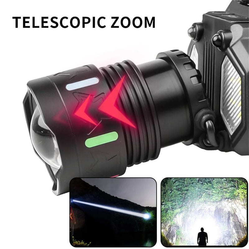 IPRee Dual Light Source Zoomable LED Headlamp with Sensing Switch Long-Range Strong Light LED Outdoor Long Endurance Head Light Searchlight