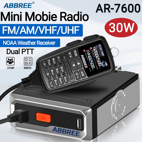 ABBREE AR-7600 30W Dual Band Mini Walkie Talkie 500 Channels VHF UHF NOAA Weather Alerts Dual PTT HD Color Screen Mobile Radio
