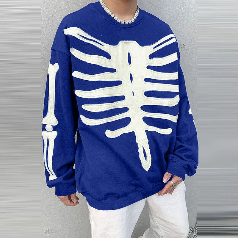 INCERUN Mens Skeleton Print Color Block Long Sleeve Hoodie Fashion Loose Fit Crew Neck Fall Top for Male S 5XL