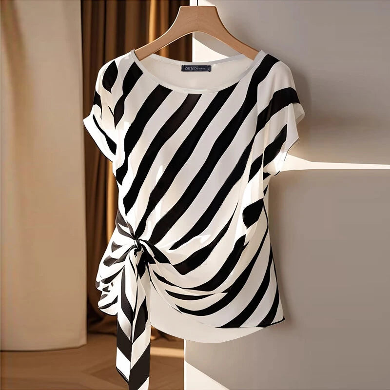 ZANZEA Women Striped Printed T-shirt Fashion Short Sleeve Tee Holiday Summer Holiday Belted Design Casual Simple Tops