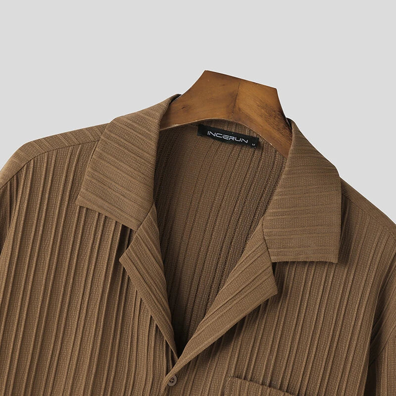 INCERUN Men's Casual Shirt Solid Color Long Sleeve Lapel Collar Button-Down Daily Shirt with Single Color Stripes, Loose Fit