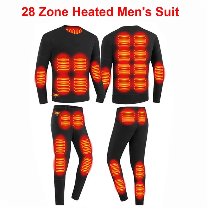 TENGOO HD-28 Unisex Electric Heated Top Pant Set, 28 Heating Areas, Full Body Thermal, USB Charging, Long Sleeves Trousers Suit for Winter Outdoors