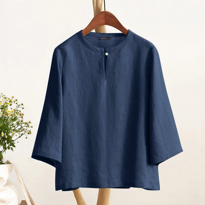 ZANZEA Women Button Summer O-Neck 3/4 Sleeve Solid Blouses Casual Cotton Linen Shirts for Women Loose Fit