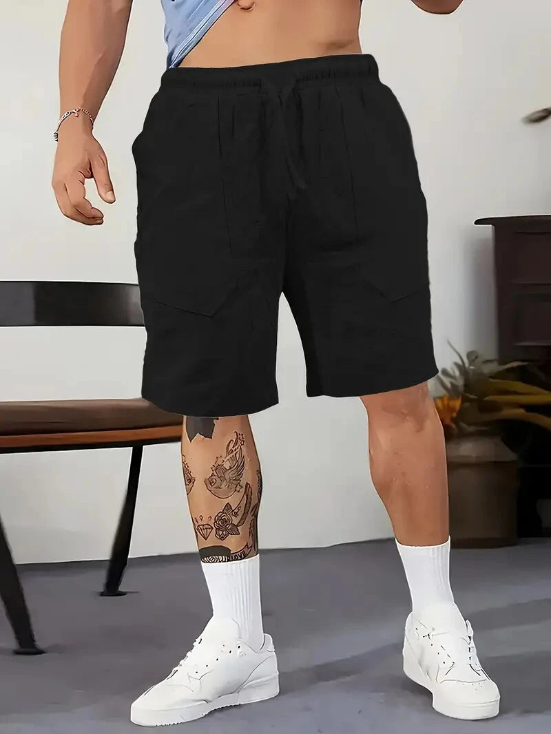 Men's Summer Cotton Linen Shorts Breathable Solid Black Drawstring Plus Size Beach Shorts Lightweight Casual Short Pants for Men Comfortable