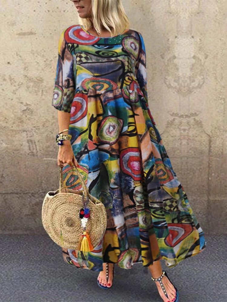 ZANZEA Women Retro Graffiti Print Round Neck Pleated Casual Beach Maxi Dresses