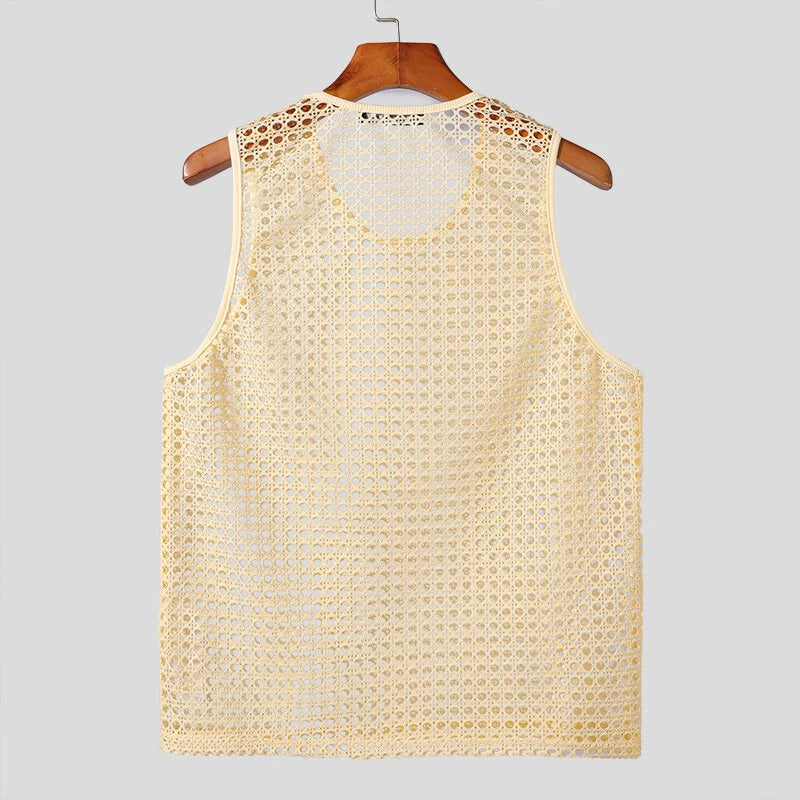 INCERUN Mens Beach Style Mesh Sleeveless Tank Comftable Fabric Tank Top for Men